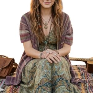 Handmade Multi-Color Knit Open Front Cardigan Wrap Sweater Striped Boho L